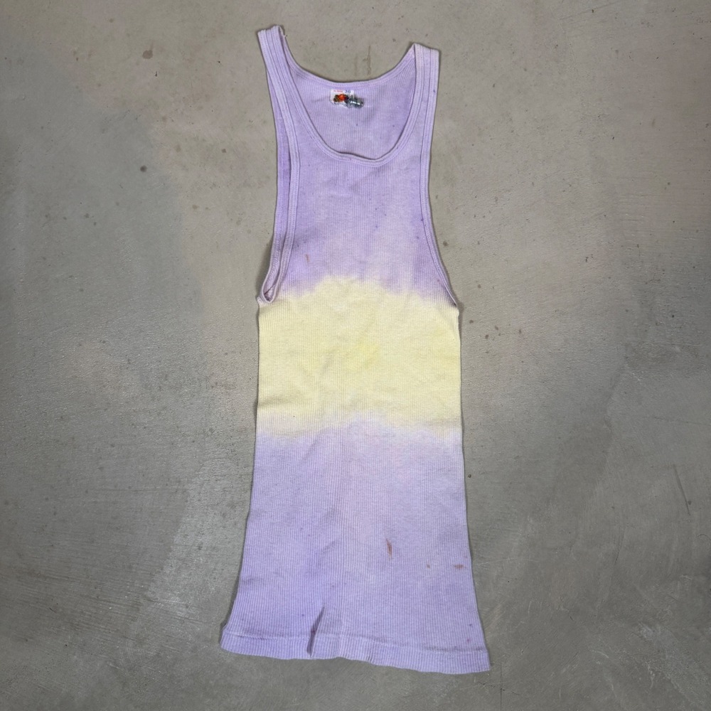Vintage 70s  Fruit of the Loom Tie Dye Ribbed Tank Top Purple Yellow Size 36 S